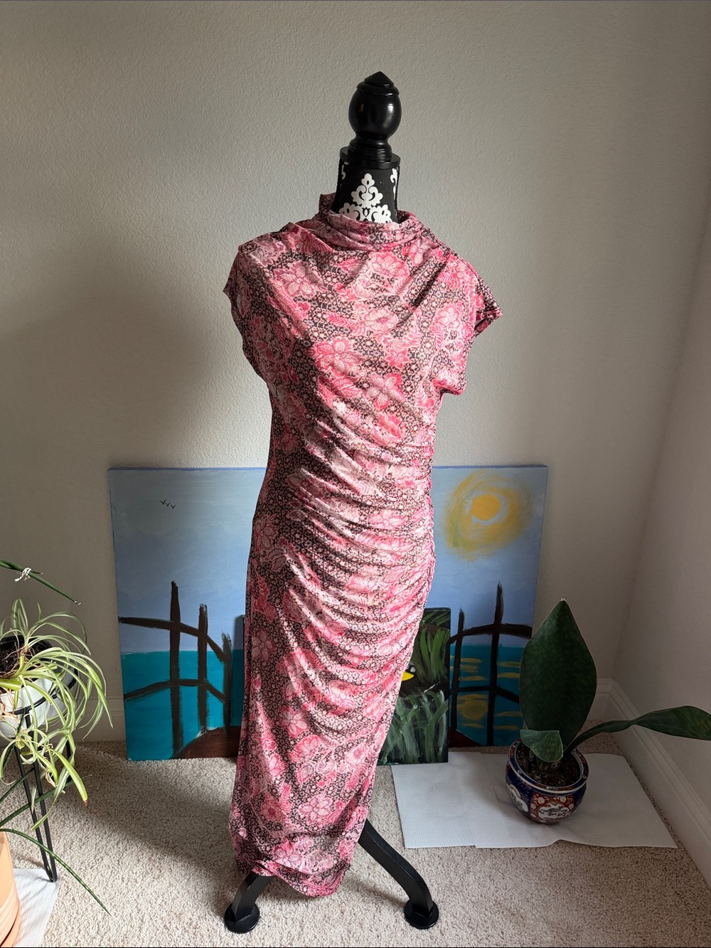 Anthropologie Pink Floral Ruched Maxi Dress